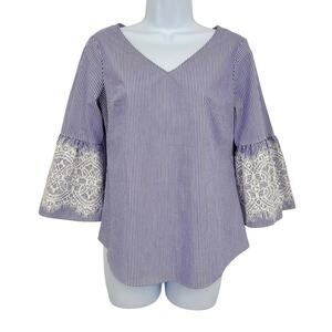 White House Black Market Bell Sleeve Blue White Striped Blouse Top, Size 2
